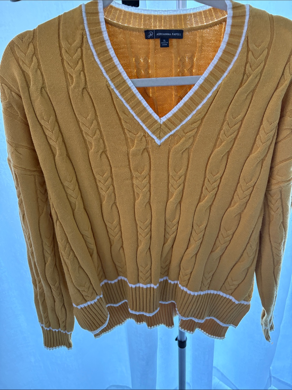 Adrianna Papell Woman Mustard Cable-Knit V-Neck Sweater With White Trim
